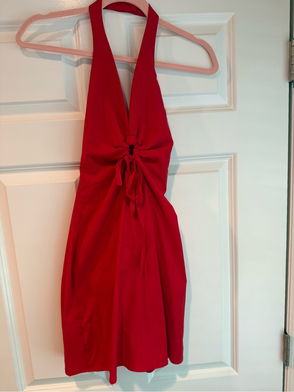Juniper Blu Red Halter Mini Dress with front tying keyhole